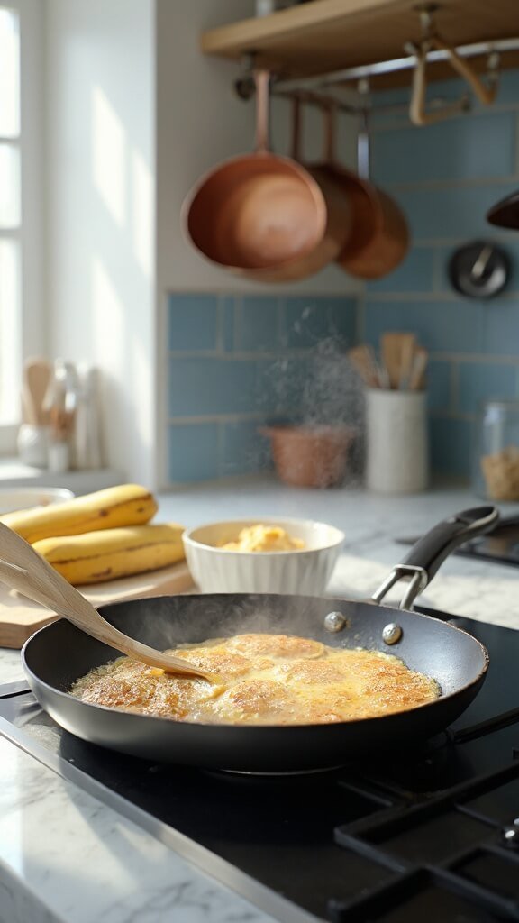 Golden banana pancakes cooking in a non-stick skillet on a modern kitchen countertop, with ingredients and utensils nearby in cream-colored ceramic and clear bowls.
