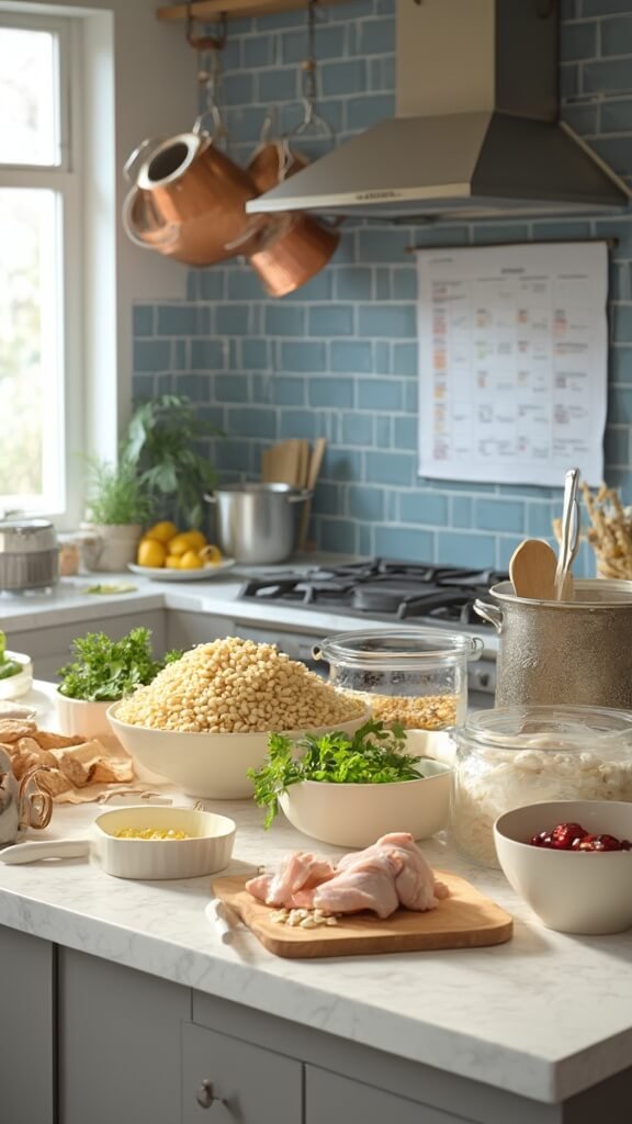 Batch cooking preparation in a modern kitchen with cream-colored bowls of chopped vegetables, pot of steaming brown rice, soaking beans, and raw chicken on a cutting board