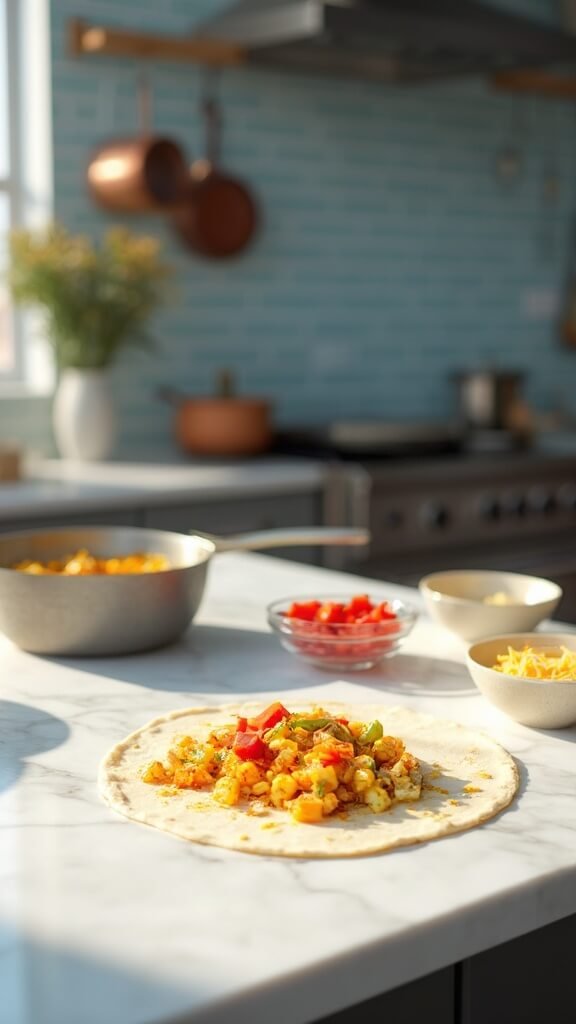 Preparation of a breakfast burrito on a marble countertop in a modern kitchen, with scrambled eggs, diced vegetables, and shredded cheese ready to be rolled into a tortilla.