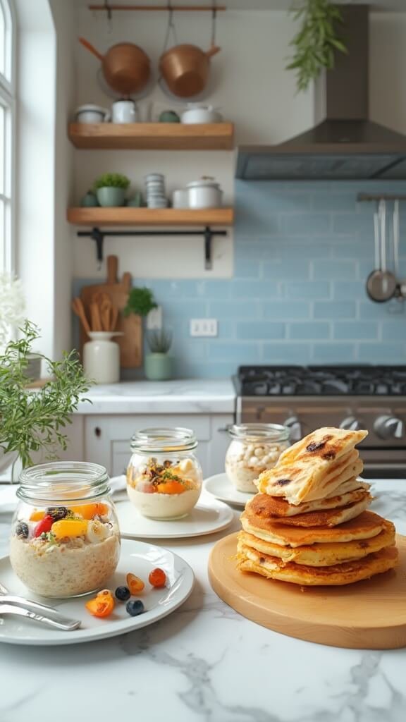 Five budget-friendly breakfast dishes beautifully plated on a modern kitchen counter with warm, earthy color grading