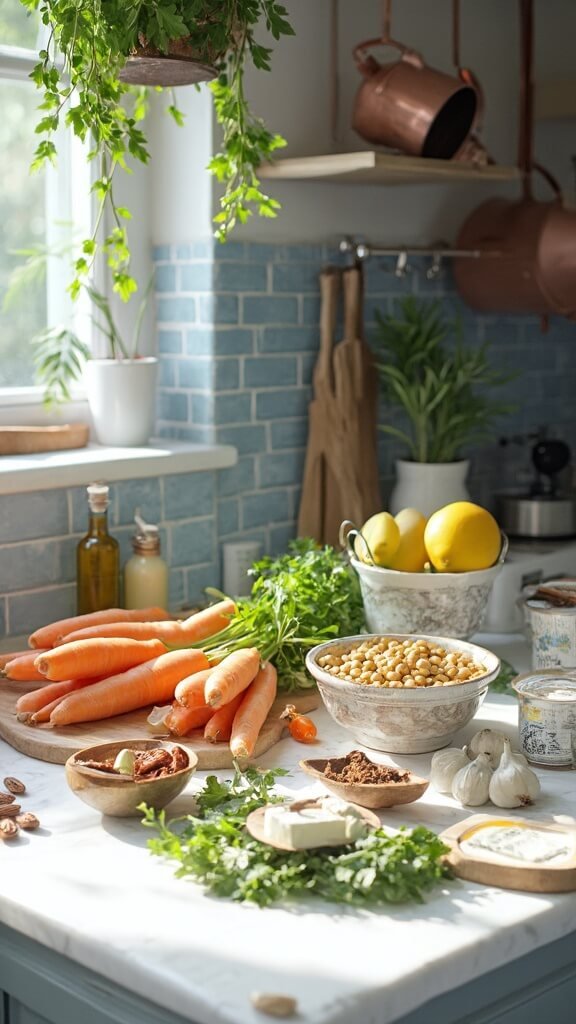 Ingredients for carrot chickpea salad on a marble countertop in a modern kitchen with natural daylight