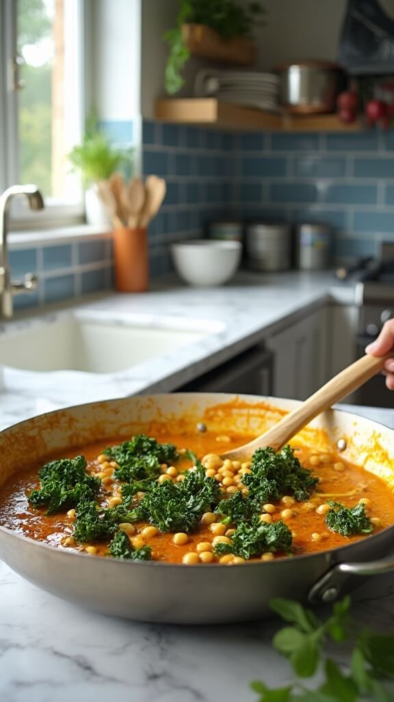 Finished chickpea coconut curry with wilted kale in a skillet on a white marble countertop in a modern kitchen, with cooking utensils and empty ingredient bowls in the background