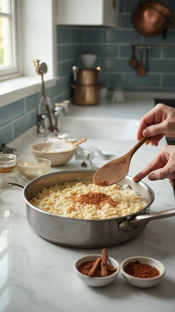 Cooked porridge being seasoned with cinnamon in a modern kitchen with warm, earthy color grading