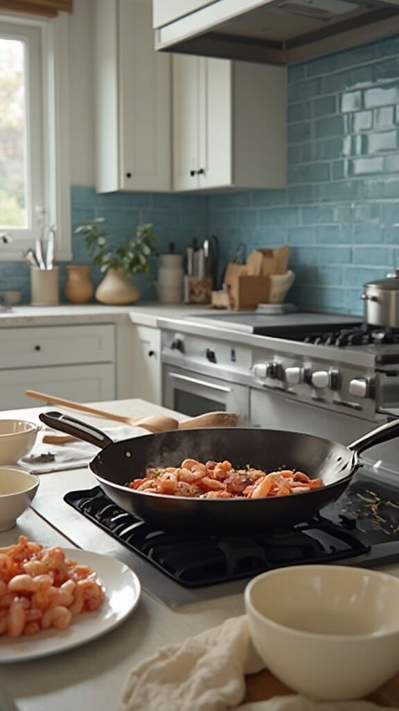 Perfectly cooked shrimp in a wok on a modern kitchen countertop, with seared steak pieces on a cream-colored ceramic plate, illuminated by soft natural daylight.