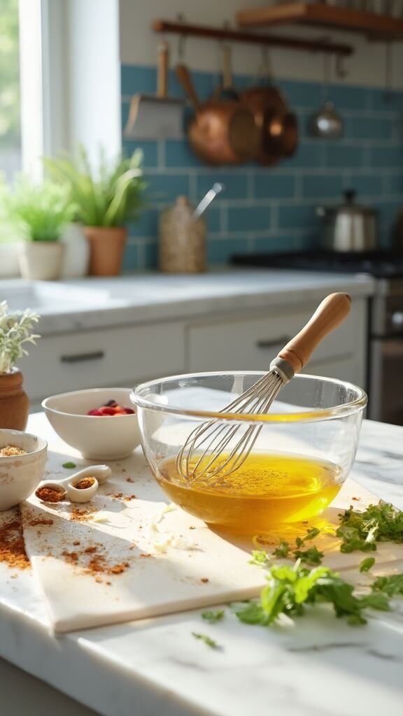 Preparation of homemade vinaigrette dressing with olive oil, lemon juice, garlic, and warm spices in a small glass bowl, accompanied by measuring spoons with cumin and coriander and chopped mint leaves on a cutting board in a modern kitchen setting.