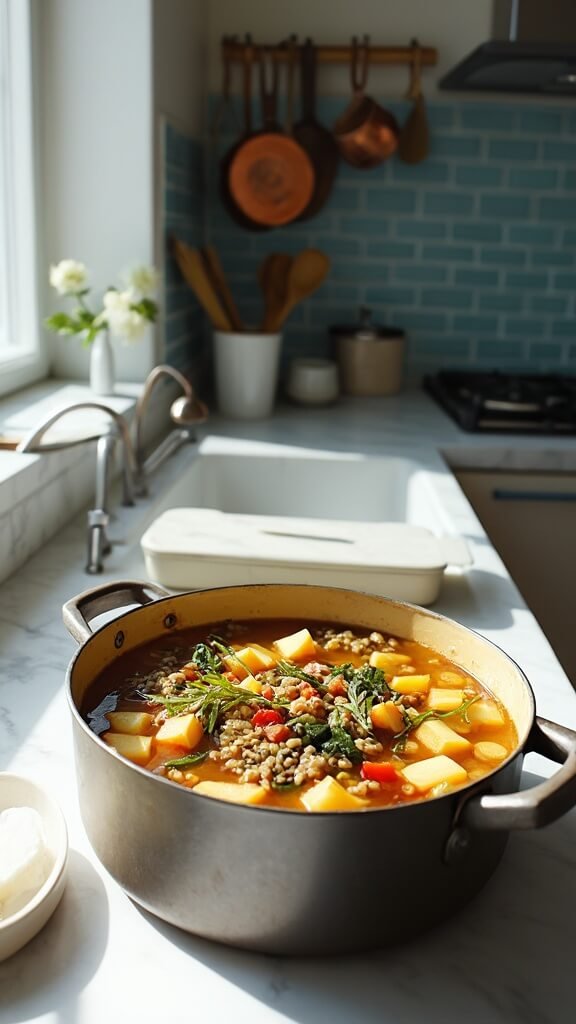 Hearty soup with lentils, vegetables, and potatoes simmering in Dutch oven on modern kitchen countertop
