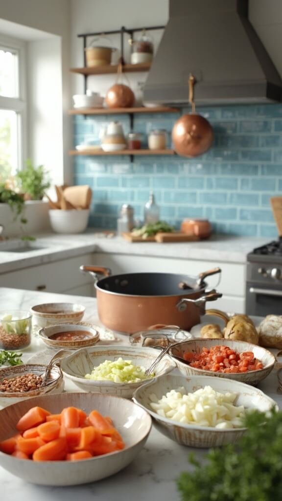 Modern kitchen setup with fresh ingredients like chopped onions, carrots, celery, and spices arranged on a marble countertop, ready for cooking in a Dutch oven.