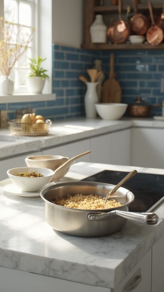 Raw grains floating in clear water in a stainless steel saucepan on a stovetop, with wooden utensils and ceramic prep bowls in a modern kitchen with blue subway tiles and copper pot rack in the background