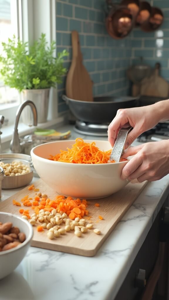 Hands grating fresh carrots into a bowl in a modern kitchen, with prepped chickpeas and chops in the background