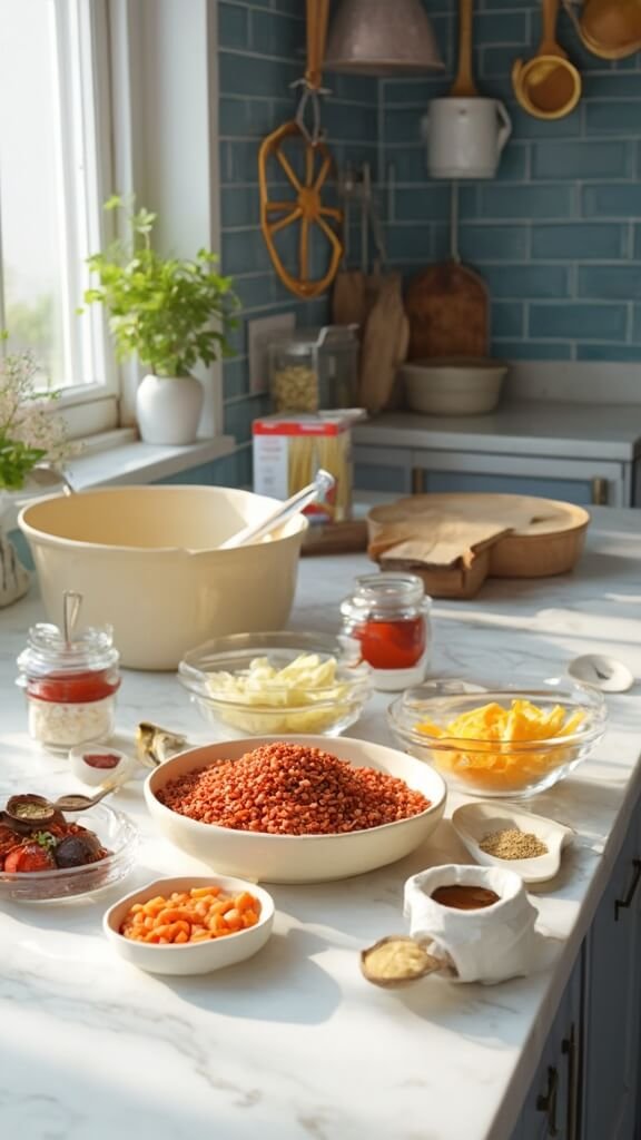 Ingredients for pasta recipe organized on a marble countertop in a modern kitchen with warm lighting