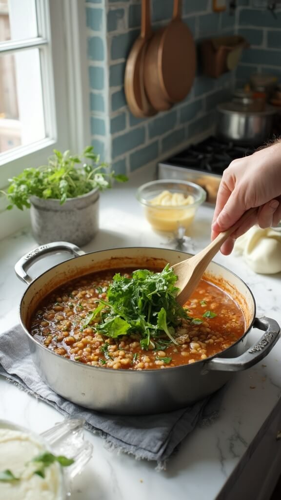 Freshly cooked lentil soup in a Dutch oven on a modern kitchen countertop, with spinach being stirred in, in a brightly lit setting with blue subway tiles and copper pots in the backdrop.