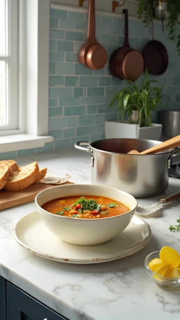Final presentation of lentil soup in cream ceramic bowls garnished with parsley, crusty bread on wooden board, Dutch oven in background, in a modern kitchen with blue subway tiles and daylight lighting.