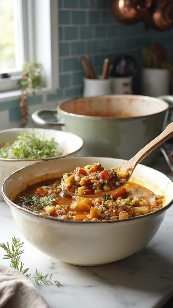 Hearty lentil and vegetable soup served in cream-colored bowls in a modern kitchen, with fresh herbs as garnish