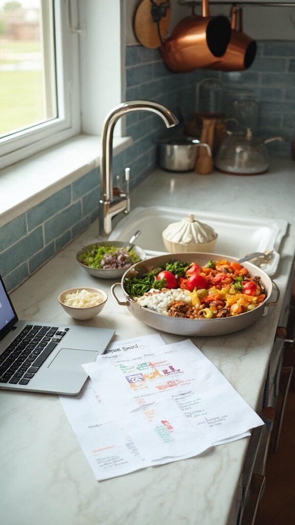 Meal planning process with calendar, grocery lists, and laptop in a modern kitchen with prepped vegetables, cookware, and utensils.