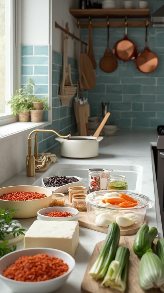 Professional food photography of a modern kitchen, featuring fresh ingredients like lentils, onions, carrots and tofu, ready for meal prep, in a well-lit environment with earthy color grading