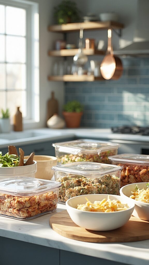 Modern kitchen with marble countertops and stainless steel appliances, displaying organized portioned meals in glass containers and freezer bags, featured with warm color grading.