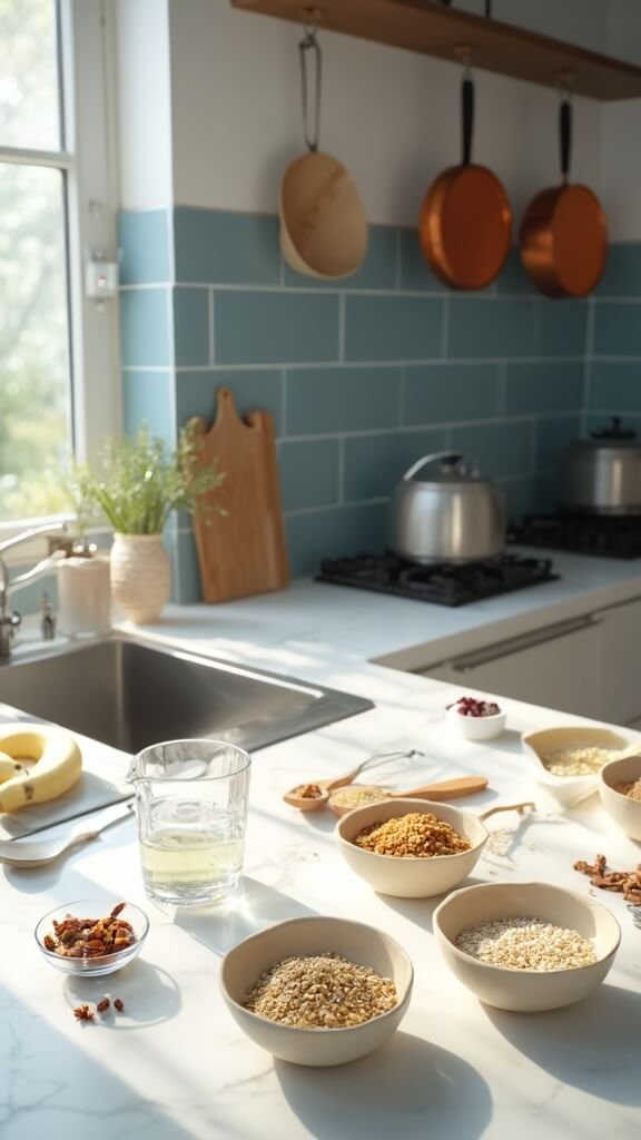 Raw ingredients for porridge preparation including mixed whole grains, water, salt, cinnamon, and vanilla extract, with fresh banana, nuts, and dried fruit on a modern kitchen counter.