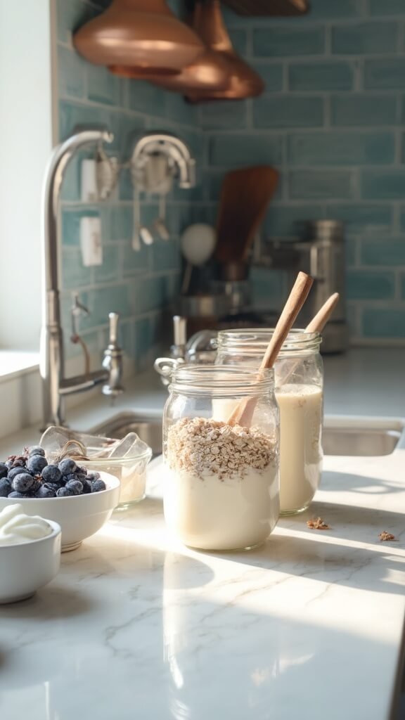 Preparing overnight oats in a modern kitchen, mason jars filled with oats and milk on the counter, bowls of frozen berries, cinnamon, and yogurt nearby for layering