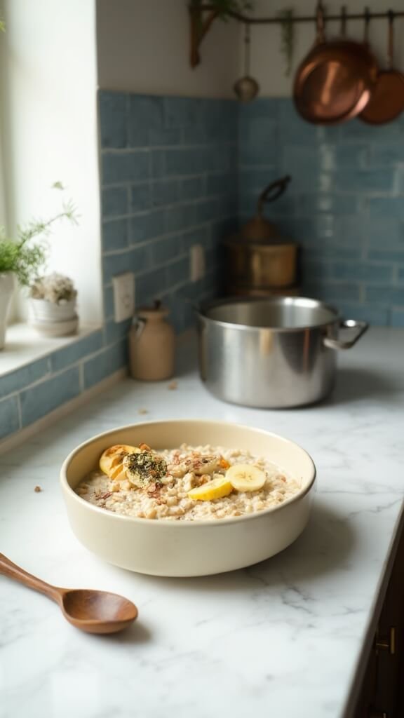 Beautifully garnished porridge in a cream ceramic bowl surrounded by wooden utensils, modern cookware, in a bright, modern kitchen with blue subway tile backsplash.
