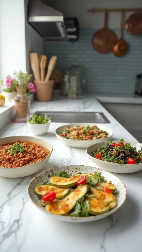 Three protein-packed meals beautifully presented in a modern kitchen with warm, earthy tones; including lentil chili, stuffed zucchini with melted cheese and vibrant tofu power bowl.