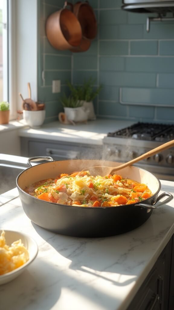 Sautéed vegetables in a Dutch oven on a modern kitchen countertop, lit by natural daylight