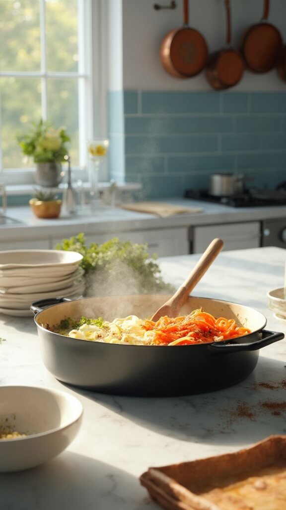 Sautéed vegetables with seasonings in a Dutch oven in a modern kitchen