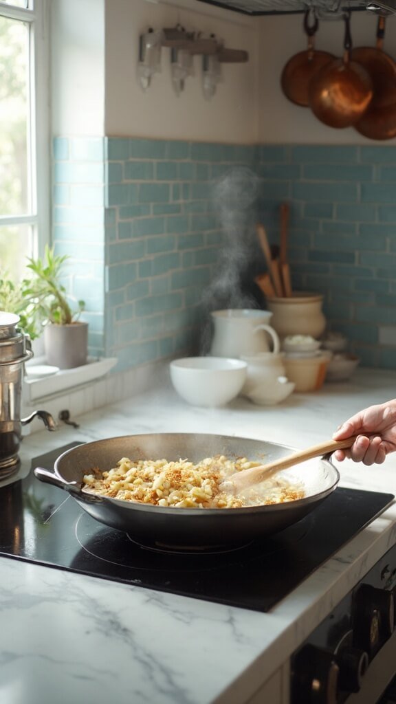 Diced onions sizzling in a stainless steel skillet on a modern kitchen stovetop, with bowls of minced garlic and grated ginger nearby on the white marble countertop.