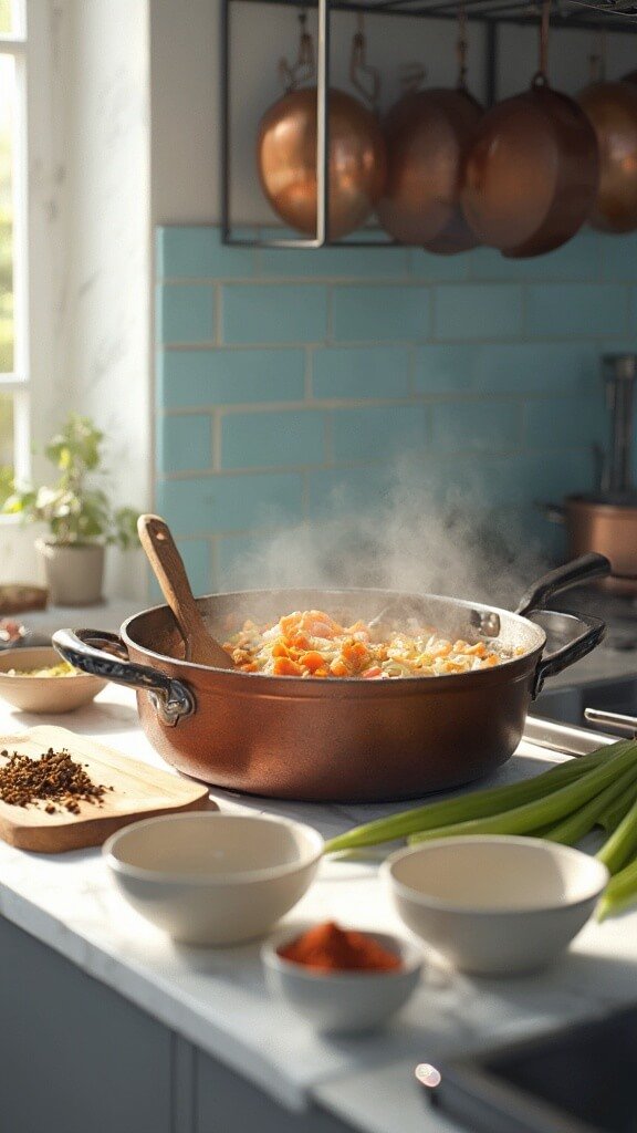 Diced onions, carrots, and celery sautéing in Dutch oven with aromatic herbs on a modern kitchen countertop