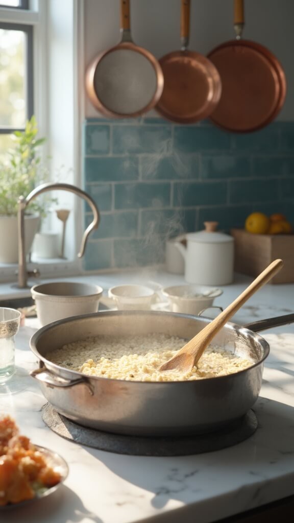 Porridge simmering in a modern kitchen, with visible steam and bubbles, wooden utensils, and cream-colored prep bowls on white marble countertops.