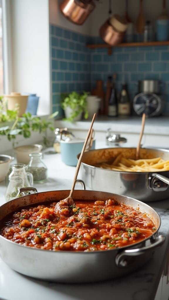 Simmering lentil bolognese sauce in skillet on a modern kitchen countertop, with boiling pasta pot and herbs in the background