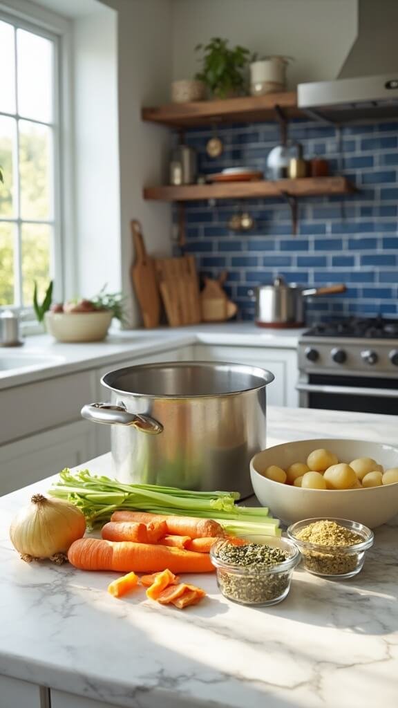 Raw ingredients for soup preparation neatly arranged on a marble countertop in a modern kitchen, bathed in natural daylight.