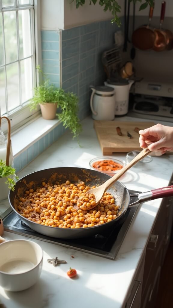 Adding spices and chickpeas to an aromatic mixture in a modern kitchen
