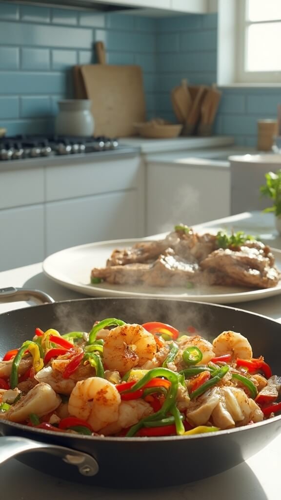Stir-fried vegetables in a wok on a modern kitchen countertop, with steak and shrimp on a ceramic plate and a small bowl of mixed sauce nearby.