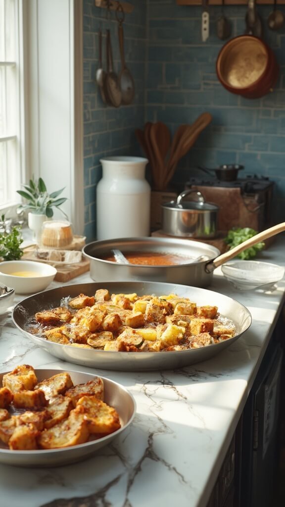 Golden-brown crispy tofu cubes sizzling in a skillet, lentil chili in a pot, and stuffed zucchini halves on a baking sheet in a modern kitchen with blue subway tile backsplash, lit by natural daylight.