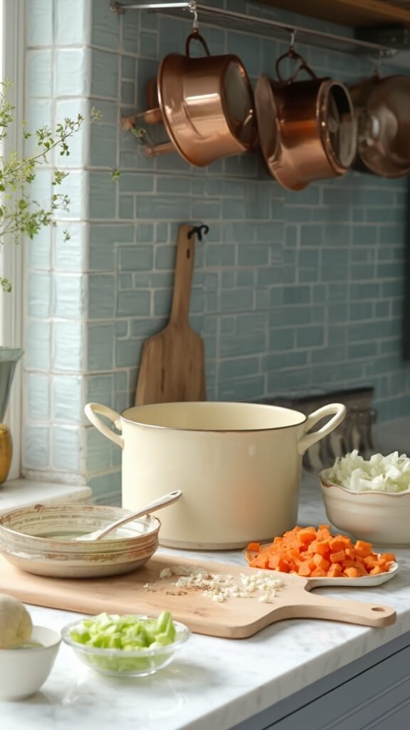Chopped vegetables in cream-colored bowls on a modern kitchen counter with daylight streaming in.