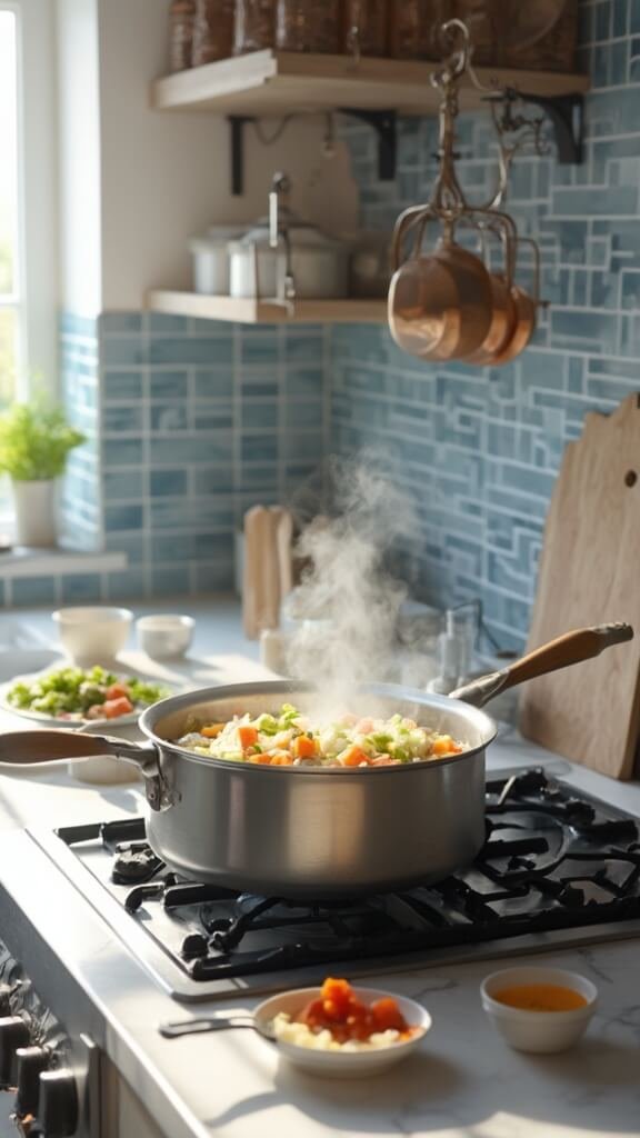 Vegetables sautéing in a stainless steel pot on a modern kitchen stovetop with blue subway tile backsplash, wooden utensils, and used ingredient bowls nearby