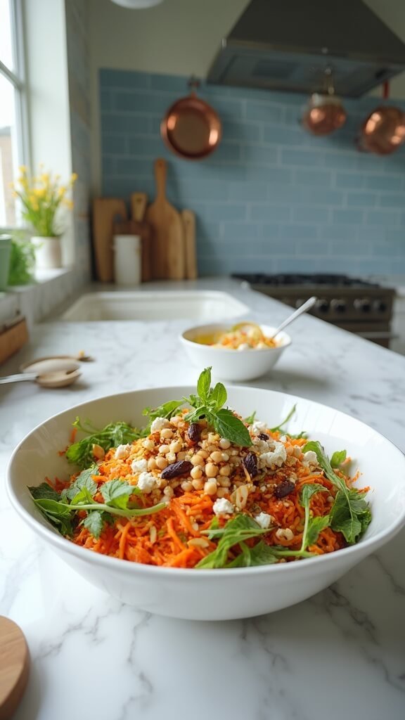 Colorful carrot and chickpea salad in a white ceramic bowl in a modern kitchen with blue subway tile backsplash, under natural lighting