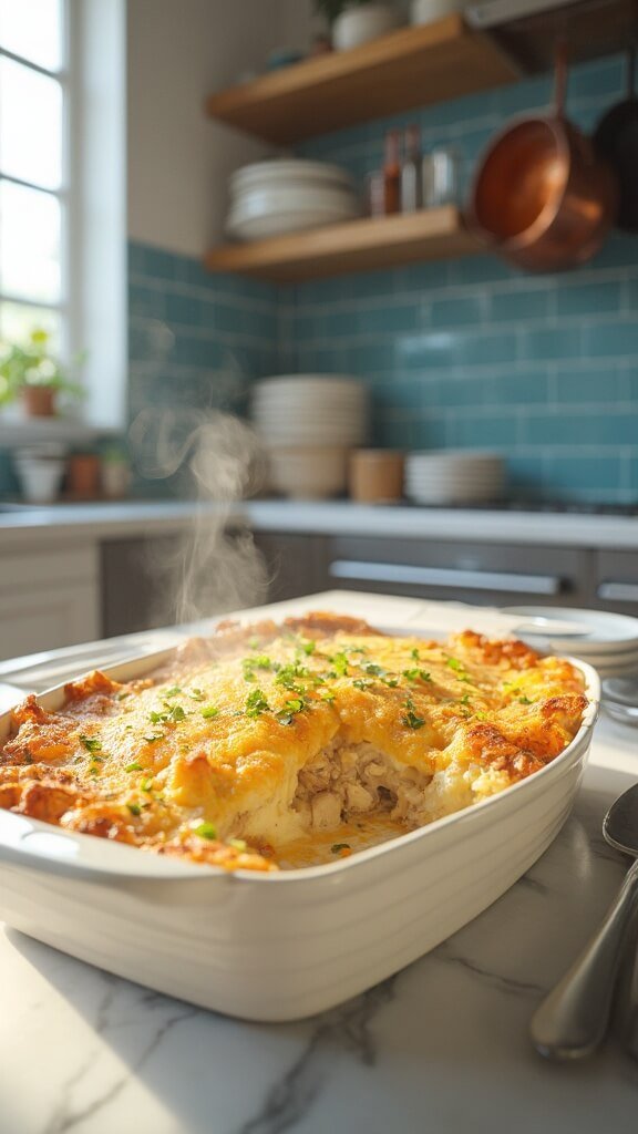 'Golden-brown baked chicken casserole with crispy topping and creamy interior in a modern kitchen setting.'