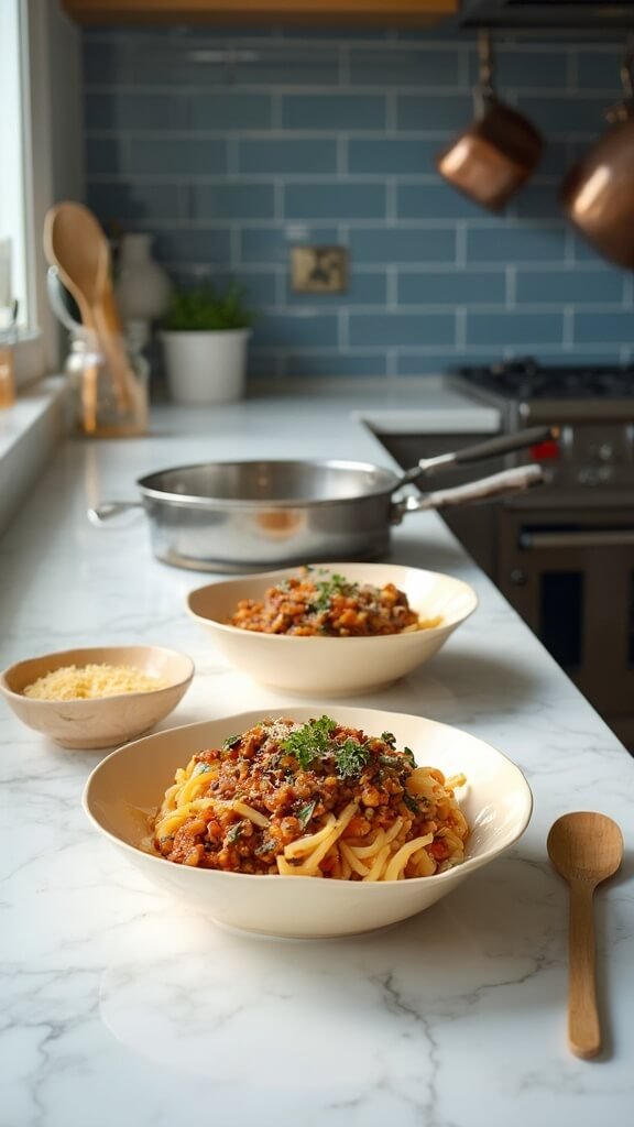 Delicious lentil bolognese pasta in cream ceramic bowls garnished with fresh parsley and nutritional yeast, displayed in a modern kitchen with sunlight streaming in and kitchenware in the background.