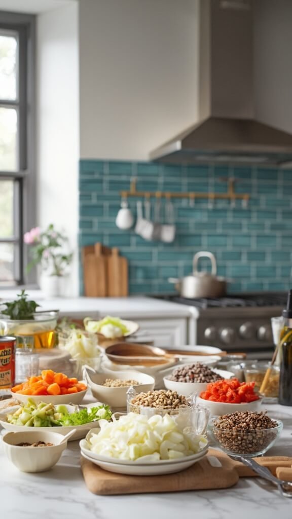 Ingredient preparation in a modern kitchen with diced onions, carrots, celery in ceramic bowls, garlic and lentils in glass bowls, an opened can of tomatoes, spices in spoons, bay leaves, olive oil bottle, and an empty Dutch oven on the stovetop.