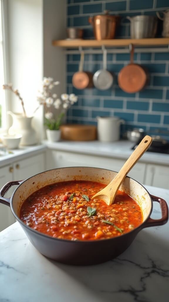 Bubbling lentil and tomato soup in a Dutch oven on a modern kitchen countertop with wooden utensils and cream-colored prep bowls.