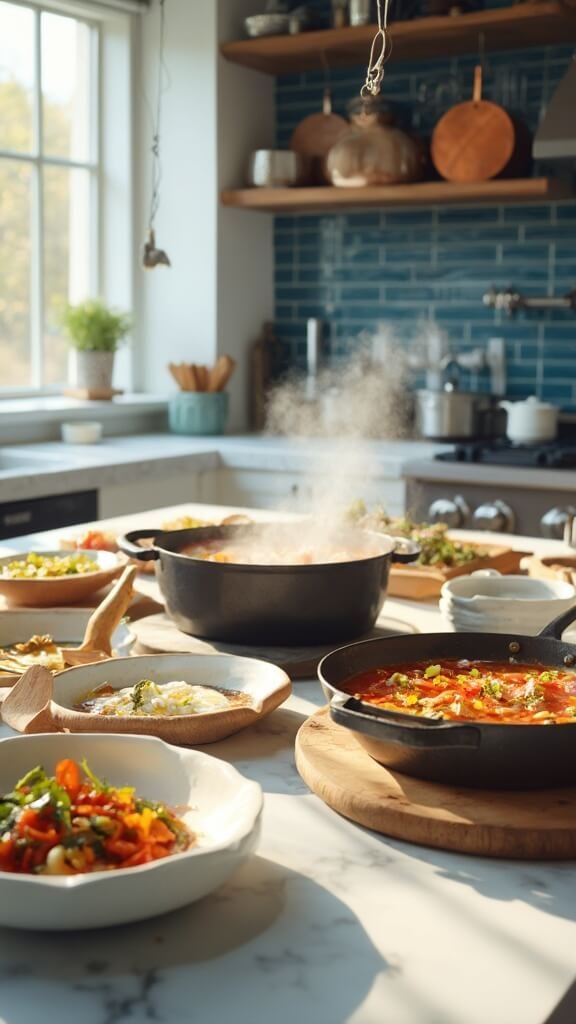Active cooking scene in a modern kitchen with sautéed vegetables in a skillet, simmering soup, and various dishes in preparation on white marble countertops under natural daylight.