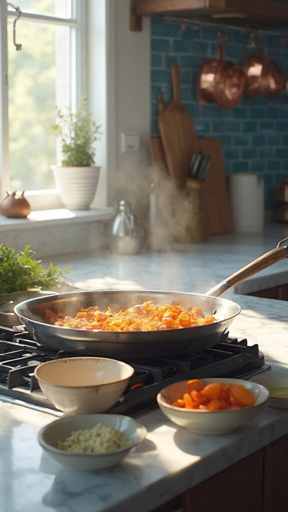 Sautéed onions and diced carrots in a stainless steel skillet on a modern kitchen stovetop, minced garlic being added from a ceramic bowl, with empty prep bowls and wooden utensils nearby