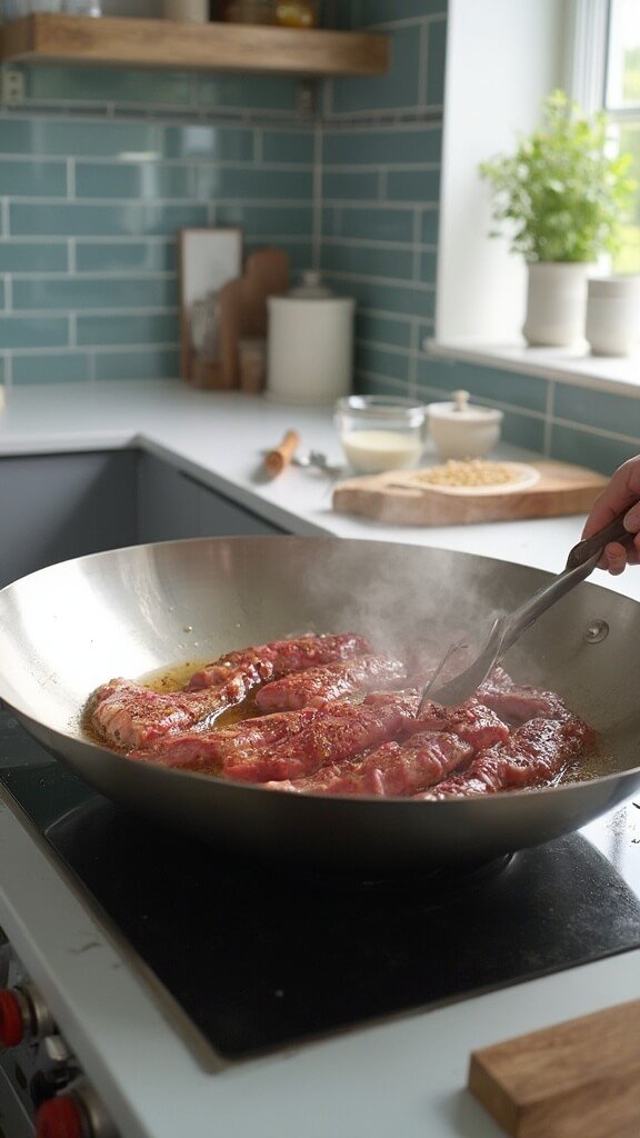 Searing steak strips in a stainless steel wok on a modern kitchen stovetop with wooden utensils and cream-colored ceramic prep bowls, under natural daylight.