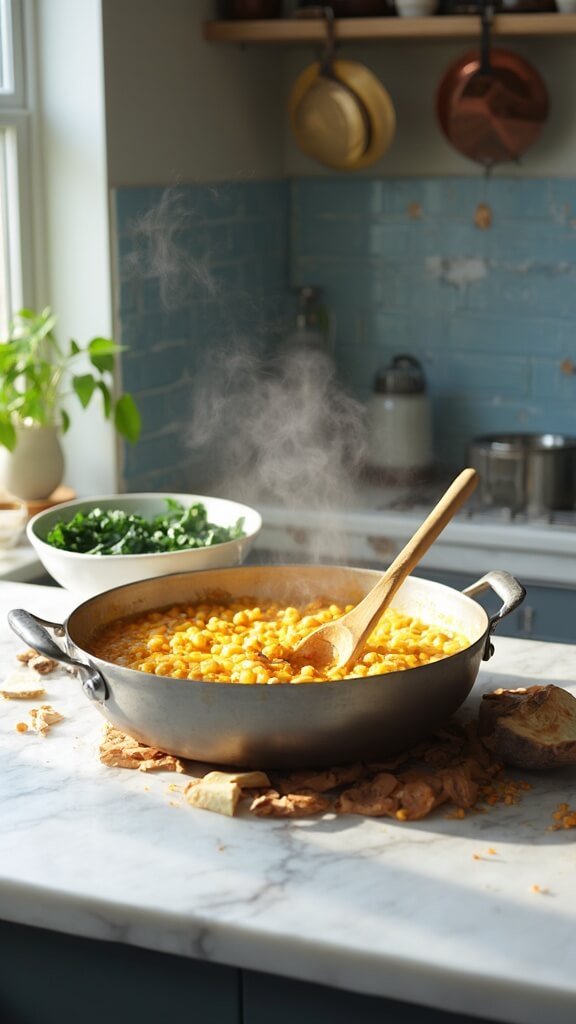 Simmering coconut chickpea curry in a modern kitchen, steam rising from the skillet with a wooden spoon stirring in the rich, creamy sauce, and fresh chopped kale waiting to be added.