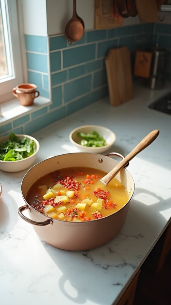 Simmering soup with potatoes, tomatoes, and lentils in a Dutch oven, in a modern kitchen with blue subway tile backsplash and wooden utensils