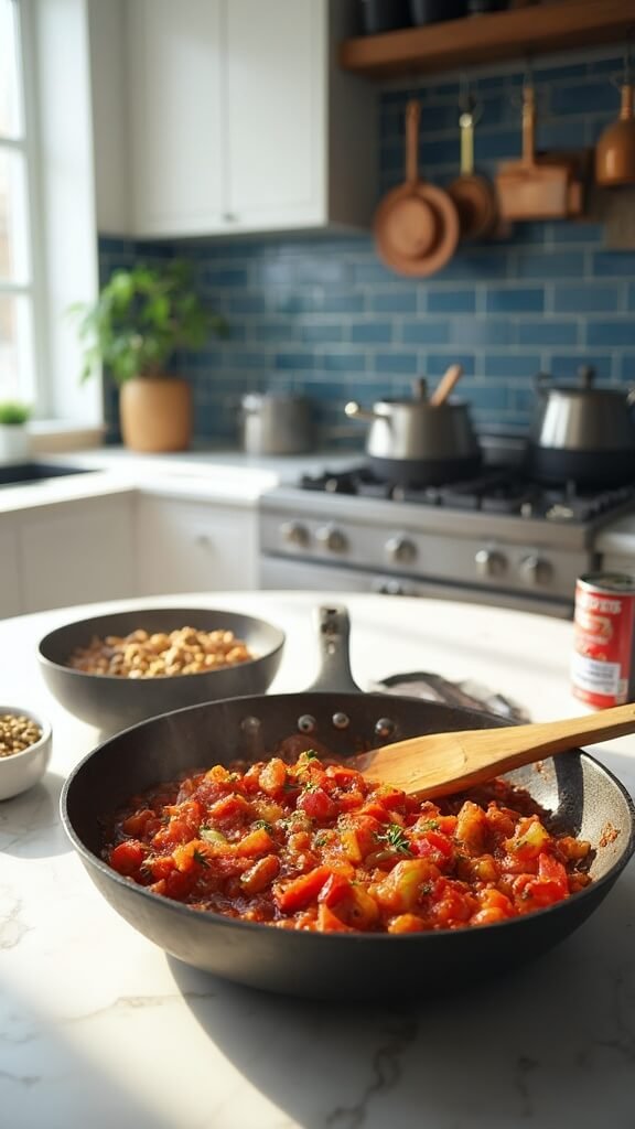 Modern kitchen with sautéed vegetables in skillet, open can of crushed tomatoes and bowl of lentils on white marble countertop, lit by natural daylight