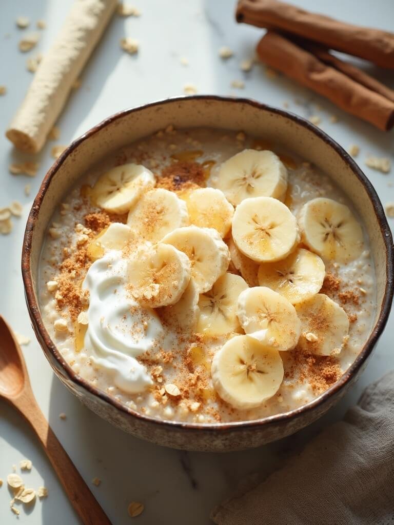 "Overhead shot of banana oat power bowl with sliced bananas, Greek yogurt and cinnamon on white marble surface"