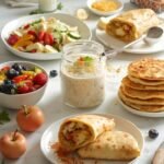"Assortment of budget-friendly breakfast dishes including overnight oats, a cottage cheese bowl, a breakfast burrito, banana pancakes, and French toast sticks on a clean, white marble countertop"