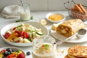 "Assortment of budget-friendly breakfast dishes including overnight oats, a cottage cheese bowl, a breakfast burrito, banana pancakes, and French toast sticks on a clean, white marble countertop"